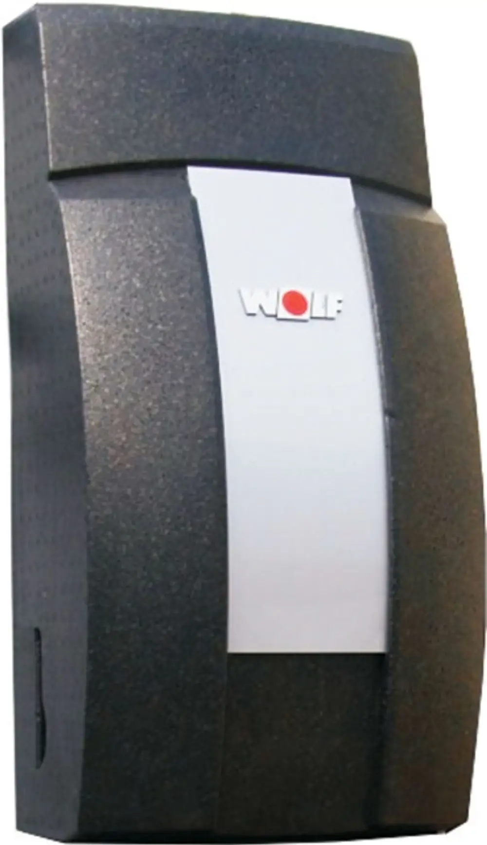 Frischwasserstation in schwarzem Gehäuse von Wolf mit grauer Frontfläche und markentypischem Logo oben. Kompakte Bauform, geeignet für die Integration in Heizsysteme.